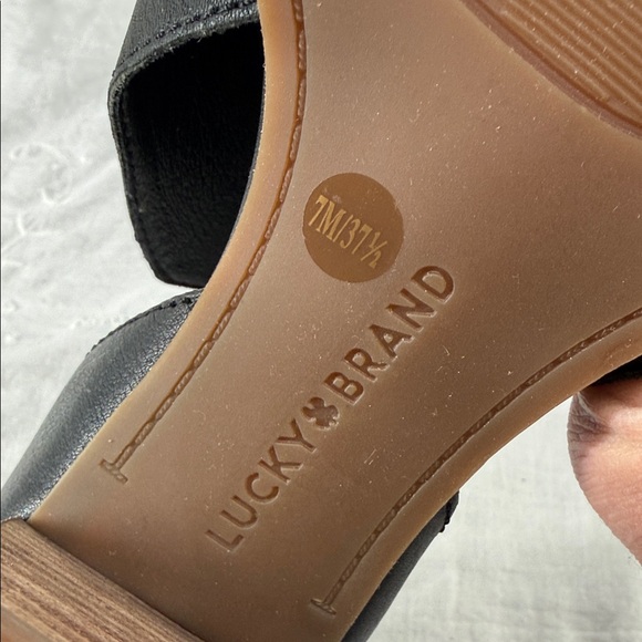 Lucky Brand Shoes Wm 7M Junai Black Leather D'Orsay Stacked Heel Bootie Open Toe - Picture 10 of 12